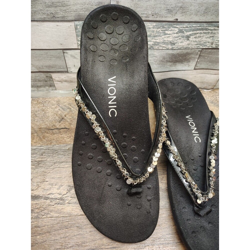 Vionic Belize Thong Sandals Metallic Sequin Flip Flops Size 9 Womens Black NWOT - Picture 2 of 5